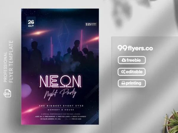 Urban Neon Night Party Flyer Template Featuring Disco Background 1