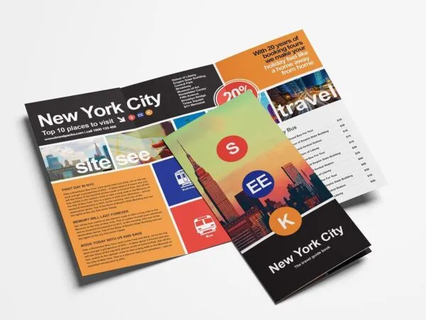 Urban Tri Fold Travel Brochure Template with a Black Orange Color Scheme 1