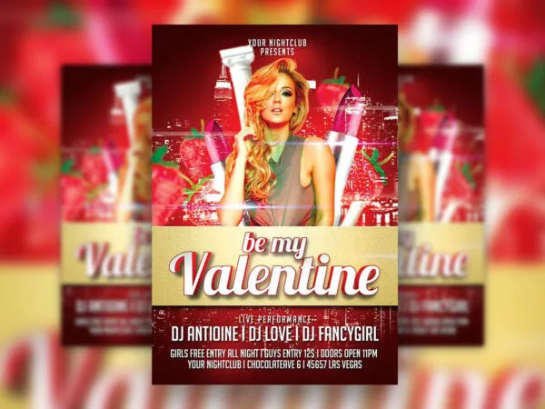 Urban Valentine Flyer Template Featuring Flying Strawberries and Lipsticks 1