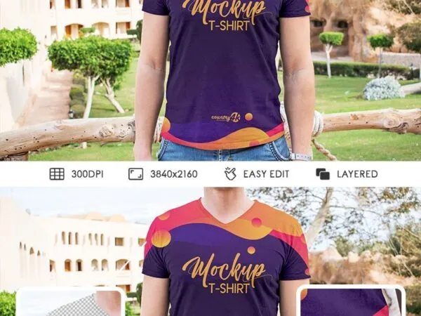 V Neck T shirt Mockup Featuring a Man Wearing it in Front View 1