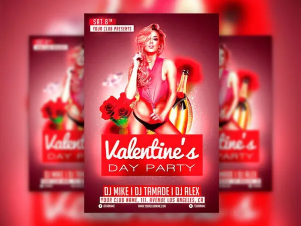 Valentines Day Club Flyer Template with Red Roses and Bottles 1