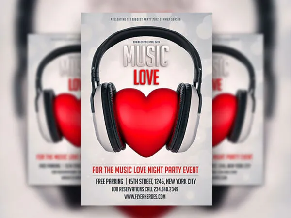 Valentines Day Music Love Flyer Template Featuring Heart and Headphones 1