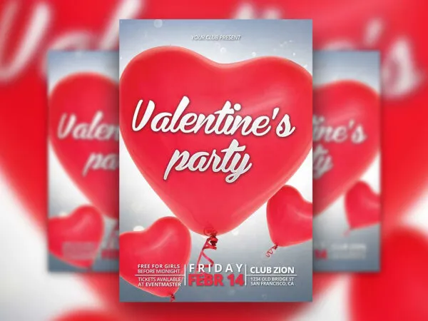 Valentines Day Party Flyer Template Featuring Heart Balloons 1