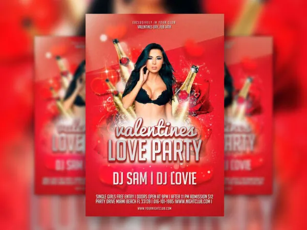 Valentines Love Party Flyer Template with Red Roses and Hearts 1