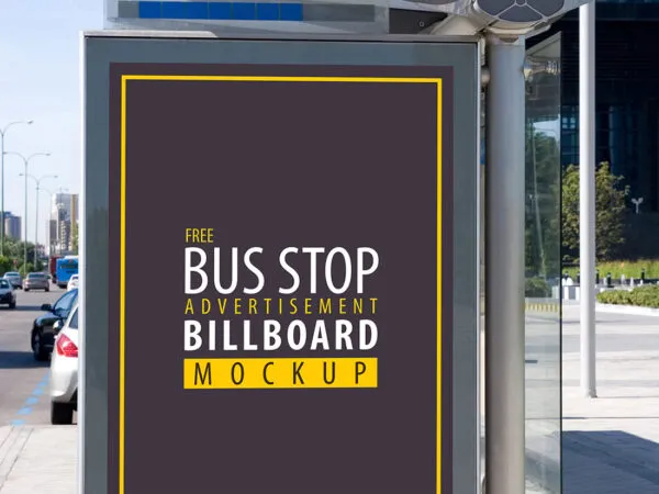 Vertical Bus Stop Advertising Billboard in the Front View Mockup 1