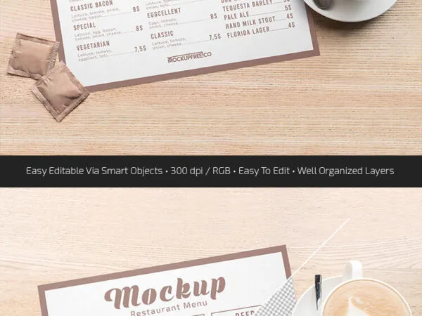 Vertical Food Menu Mockup with Coffee Cup and Sugar Bags 1