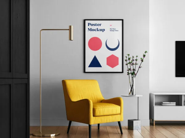 Vertical Front View Poster Hung on the Wall in Living Room Mockup 1