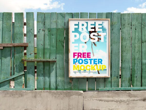Vertical Poster Mockup on Wooden Wall in Facing View 1