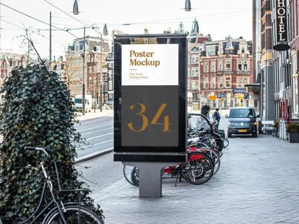 Vertical Signage on the Sidewalk in Half Side View Mockup 1