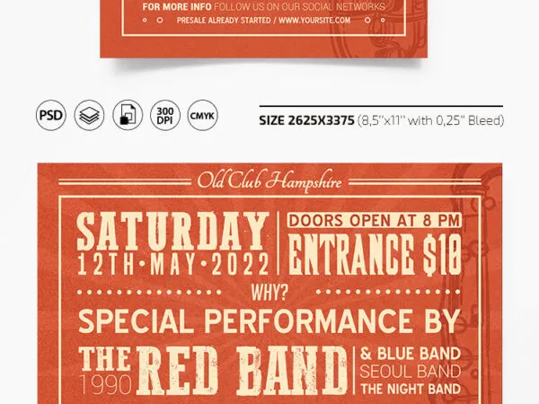 Vintage Typographical Music Event Flyer Template Along with Facebook Cover 1