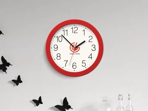 Wall Clock Hung on the Wall Mockup in Front View 1