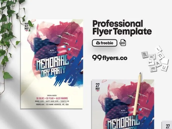 Watercolor Memorial Day Party Flyer Template 1