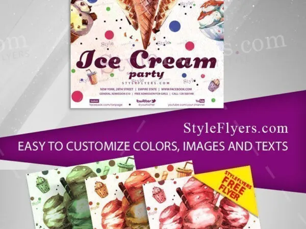 Watercolor and Cartoon Ice Cream Party Flyer Template 1