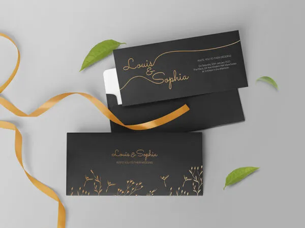 Wedding Invitation Card and Envelope Mockup with Ribbon and Leaves 1