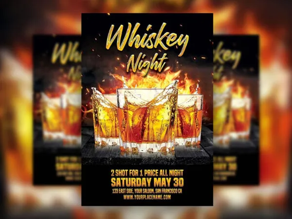 Whiskey Night Party Flyer Template Featuring Three Glassed of Whiskey 1