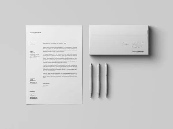 White Letterhead Envelope Branding Mockup with 3 Pens 1
