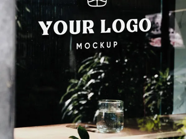 Window Signage Mockup with Table and Glass 1