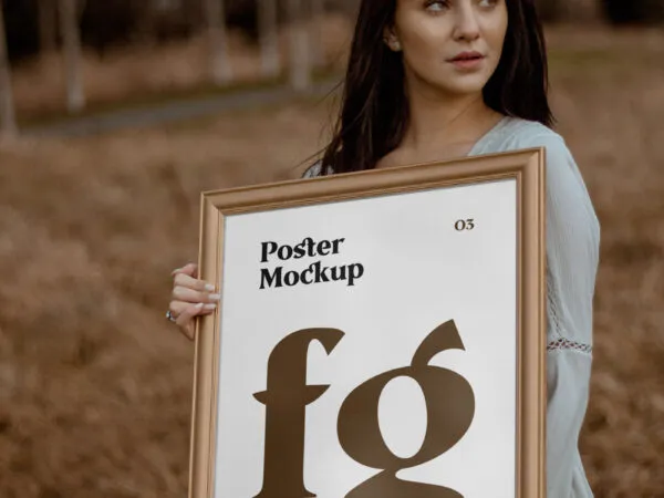 Woman Holding a Front View of Vertical Poster Mockup in Nature 1