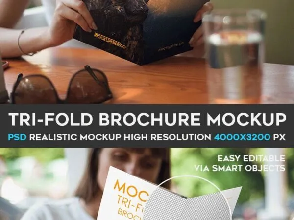 Woman Reading a Tri Fold Brochure Mockup 1