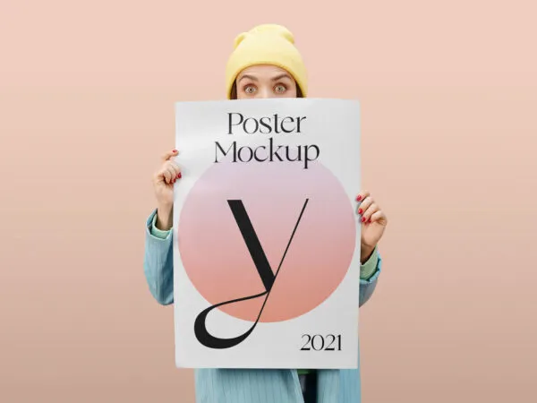 Women Holding a Poster in Front of Her Mockup 1