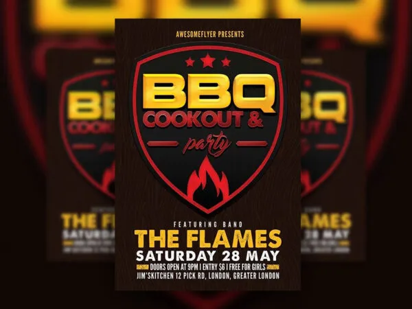 Wood and Flame Emblem BBQ Cookout and Party Flyer Template 1