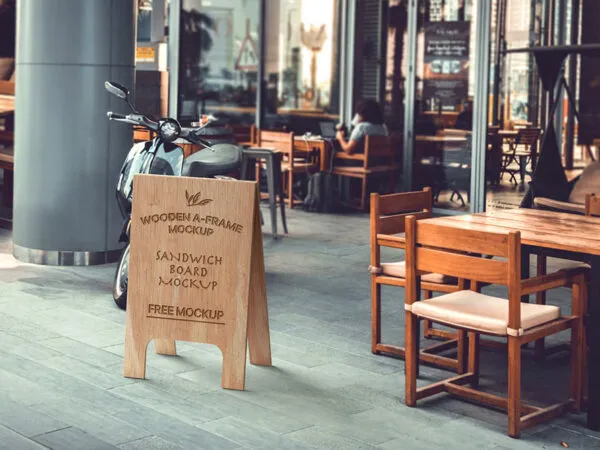 Wooden A Frame Sandwich Board Mockup in Perspective Vision 1