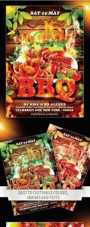 Wooden Background and Leaves Barbecue Party Flyer Template 1