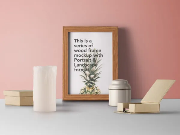 Wooden Frame Mockup with Decorative Candle and Boxes 1