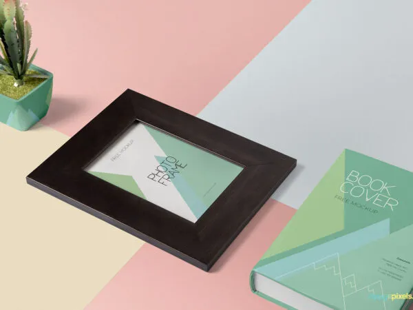Wooden Frame and Thick Hardcover Book Mockup 1
