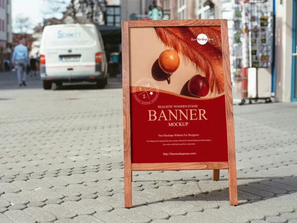 Wooden Stand Banner Mockup in a Street 1