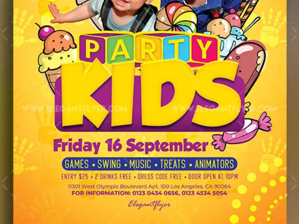 Yellow Orange Illustrated Kids Party Flyer Along with Facebook Cover Templates 1
