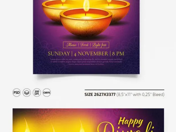 Yellow and Purple Diwali Flyer and Facebook Cover Templates 1