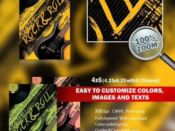 Yellow and black Grunge Rock and Roll Party Flyer Template 1