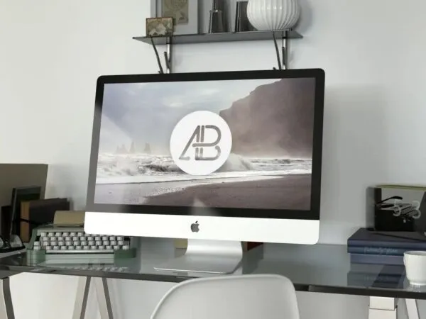 iMac 5K on a Glass Table Surrounds with Furniture Mockup 1