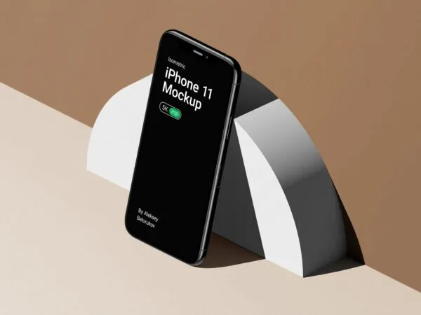 iPhone 11 Pro Mockup Standing Against the Wall in Isometric View 1