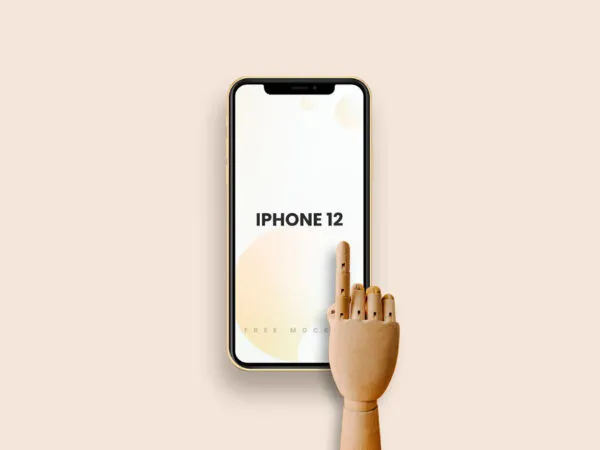 iPhone 12 With Wooden Hand pointing at the Screen Mockup 1