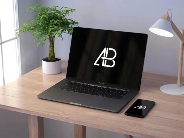 iPhone X and MacBook Pro Mockup on a Desk 1