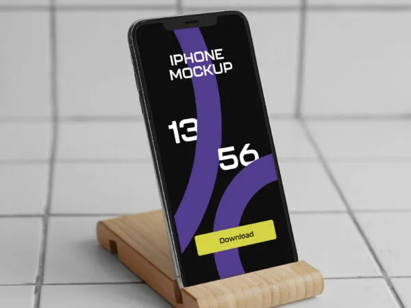 iPhone on Wooden Stand Mockup with Tiled Floor and Wall 1
